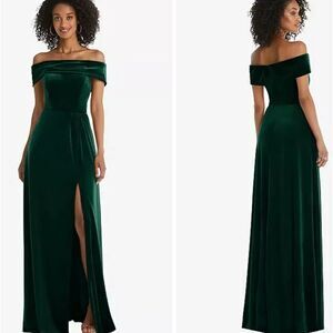 NWT After Six Draped Cuff Off-the-Shoulder Velvet Maxi Dress Pockets Evergreen 8